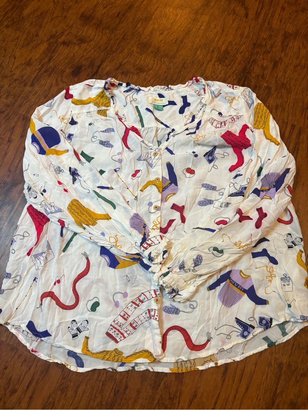 Anthropologie White Blouse with Multicolor Abstract Print